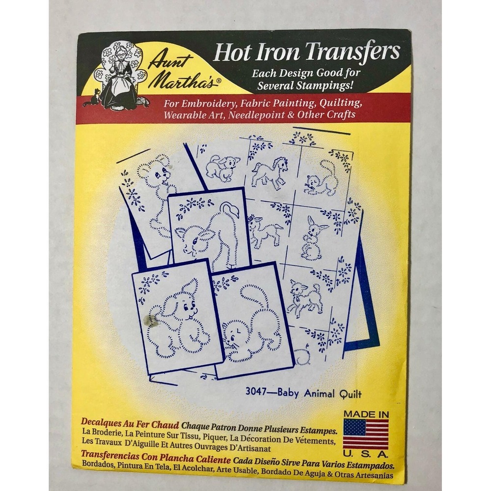 Embroidery Transfer Pattern Aunt Martha's Hot Iron Baby Animal Quilt #3047